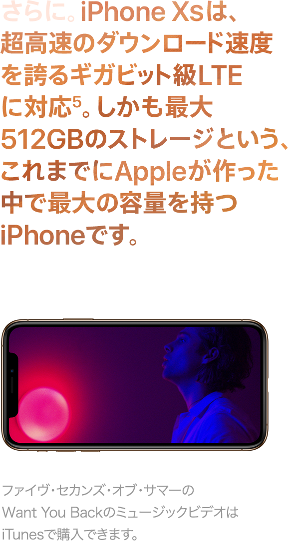 さらに。iPhone XSは、超高速のダウンロード速度を誇るギガビット級LTEに対応5。しかも最大512GBのストレージという、これまでにAppleが作った中で最大の容量を持つiPhoneです。