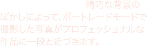 強化されたボケ効果。 精巧な背景のぼかしによって、ポートレードモードで撮影した写真がプロフェッショナルな作品に一段と近づきます。