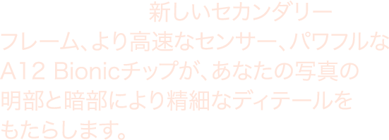 スマートHDR。 新しいセカンダリーフレーム、より高速なセンサー、パワフルなA12 Bionicチップが、あなたの写真の明部と暗部により精細なディテールをもたらします。