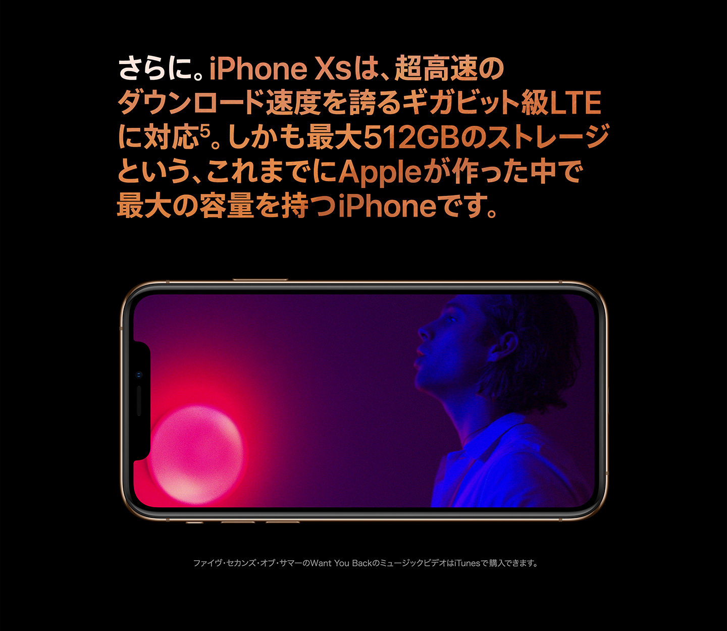 さらに。iPhone XSは、超高速のダウンロード速度を誇るギガビット級LTEに対応5。しかも最大512GBのストレージという、これまでで最大の容量を持つiPhoneです。