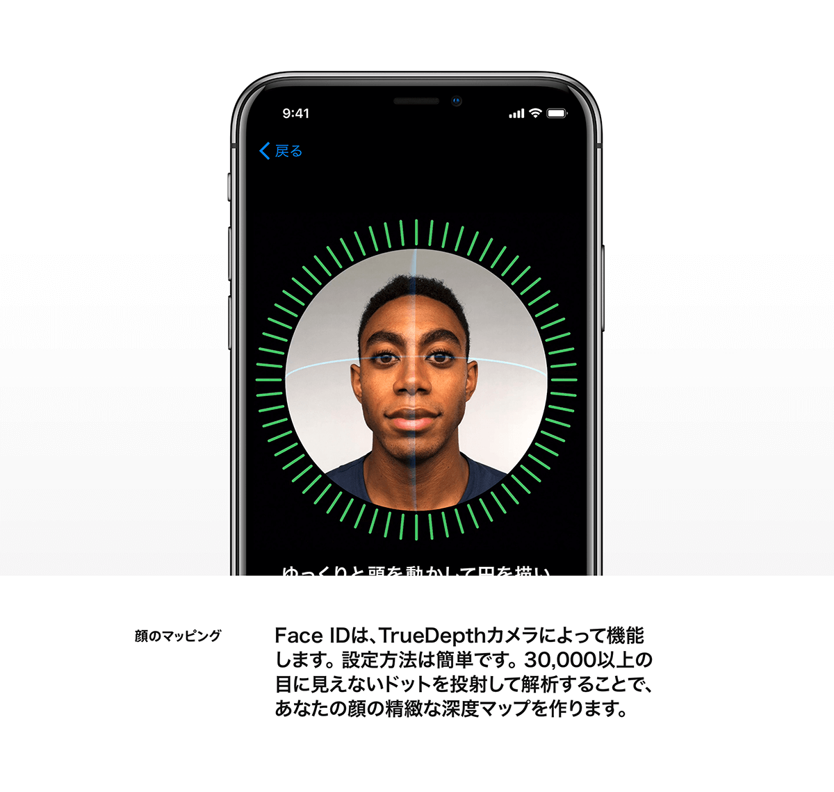 顔のマッピング Face IDは、TrueDepthカメラによって機能します。設定方法は簡単です。30,000以上の目に見えないドットを投射して解析することで、あなたの顔の精緻な深度マップを作ります。