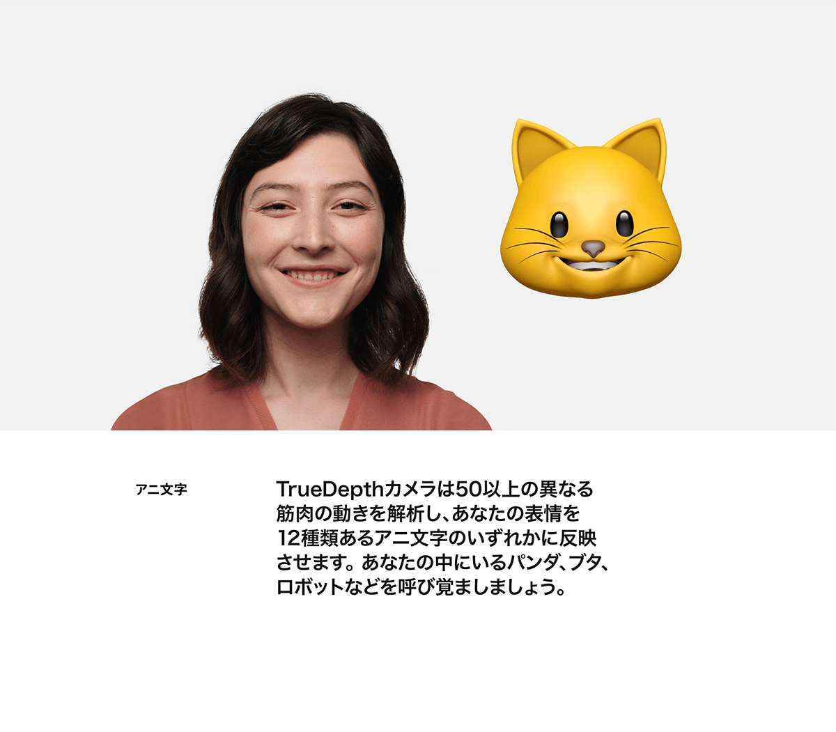 アニ文字 TrueDepthカメラは50以上の異なる筋肉の動きを解析し、あなたの表情を12種類あるアニ文字のいずれかに反映させます。あなたの中にいるパンダ、ブタ、ロボットなどを呼び覚ましましょう。