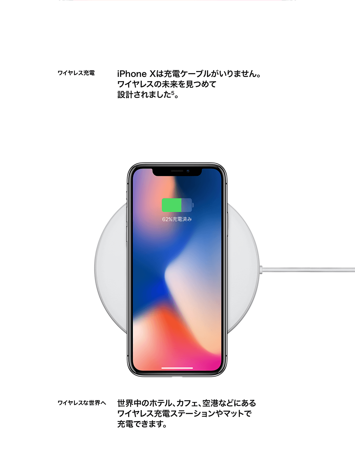 ワイヤレス充電 iPhone Xは充電ケーブルがいりません。ワイヤレスの未来を見つめて設計されました。ワイヤレスな世界へ 世界中のホテル、カフェ、空港などにあるワイヤレス充電ステーションやマットで充電できます。